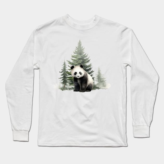 Watercolor Baby Panda And Watercolor Trees . Long Sleeve T-Shirt by Alienated